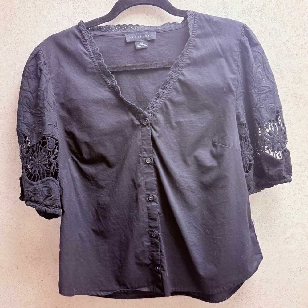Sanctuary M Women Feminine Chic Black Cotton Eyelet Crochet Lace Button Blouse
